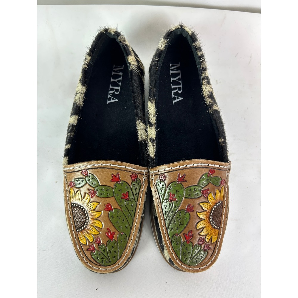Myra Western Cow print Floral Tooled Leather Cowhide Colorful Loafers Shoes 7